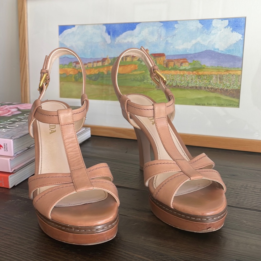 PRADA Leather T-Strap Sandals in Beige